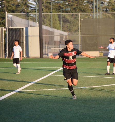 Andres Garcia, 20, criminal justice major, celebrates after a go-ahead goal against Evergreen at De Anza College on Nov. 5. 