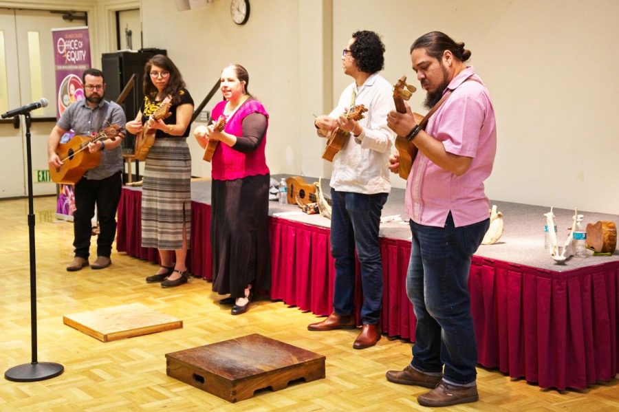 Members of Día Pa Son ensemble play music from Veracruz, Mexico at the Son Jarocho event in Hinson Campus Center Conference Room B on Feb. 11.