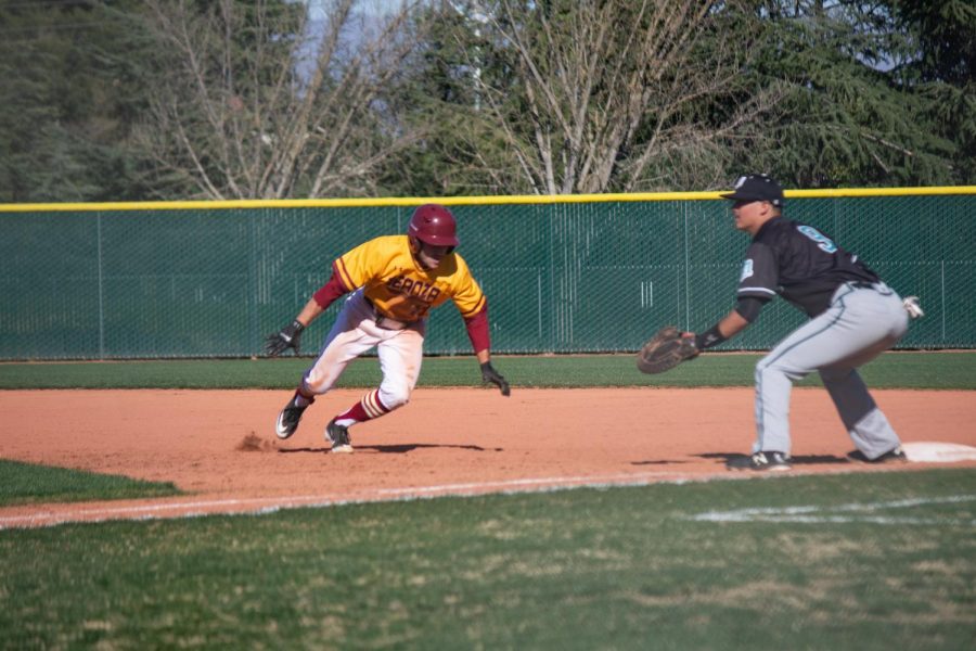 Anthony Sortino, 20, liberal arts major, runs back towards first base in a 14-1 loss on March 3 against Mission College.