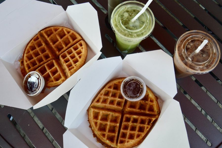 Two waffles and two beverages.