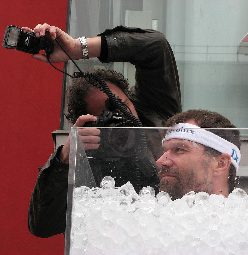 The Wim Hof breathing method is named for its creator Wim Hof, commonly known as "The Iceman". Hof is seen here submerging himself in a tub of ice.