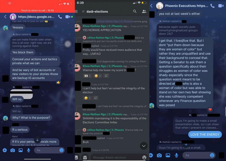 Screenshots of Messenger and Discord chats with Khoa-Nathan Ngo. They were submitted to the DASB as evidence of threatening conduct.