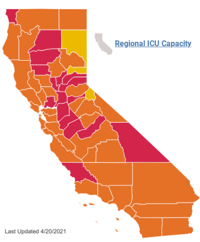 Map showing the state of various counties throughout California. As of 4/20, the majority of counties are in orange, the second-to-lowest tier. Nevertheless, we still need to remain cautious.