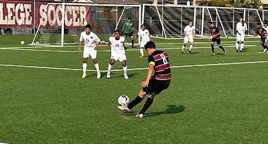 Captain Diego Delgadillo Aguirre kicking a free kick in the 1-0 home win game on Sept. 24.