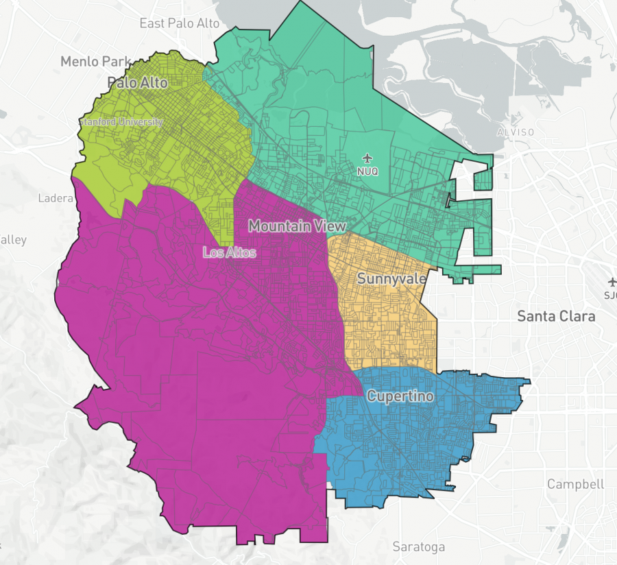 Sample Drawing of the Foothill-De Anza Community College District area map as done on "DistrictR," the software "Redistricting Partners" has configured for the district. Community members can use the site to submit their own maps to the Board.