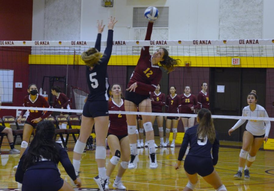 Middle-blocker Molly Vainish spikes the ball past the Gavilan block in a 3-1 home win at De Anza College on Nov. 3.
