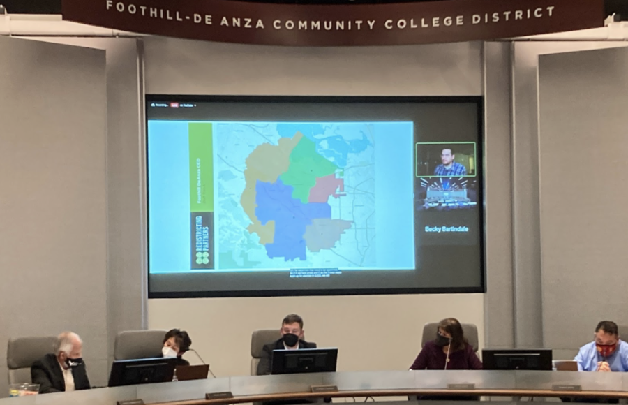 The current five-person Foothill-De Anza Community College board of trustees discussing adopting a newly redistricted map on Feb. 14.