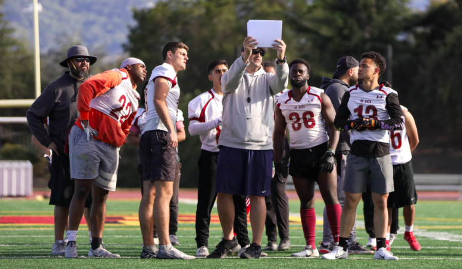 Coach D'Agostino outlines a play for a group of offensive players at spring practice.