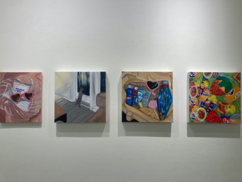 Artwork by Audra O’Reilly showcases at the Euphrat Museum. From left to right, “Stay Safe,” “Cleo,” “New Normal,” and “Shop Small.”