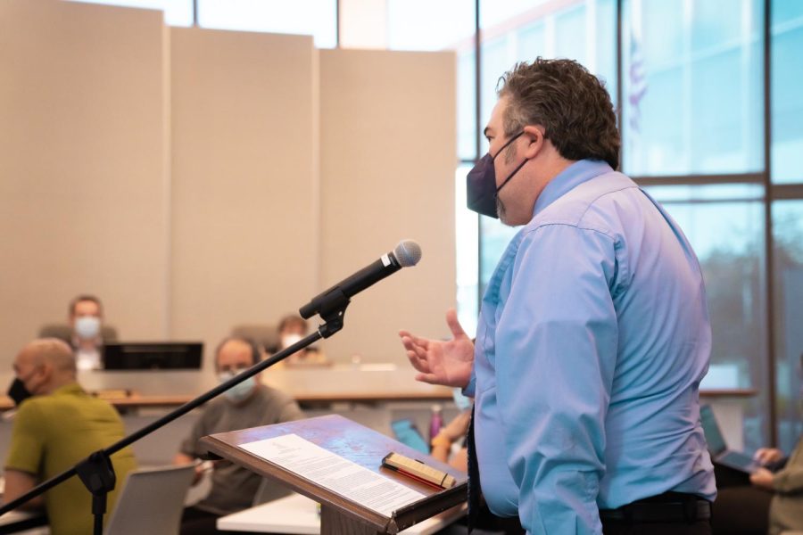 Steve Batham, a history instructor at Foothill College, making a public comment at the Oct. 3 board of trustees meeting. 