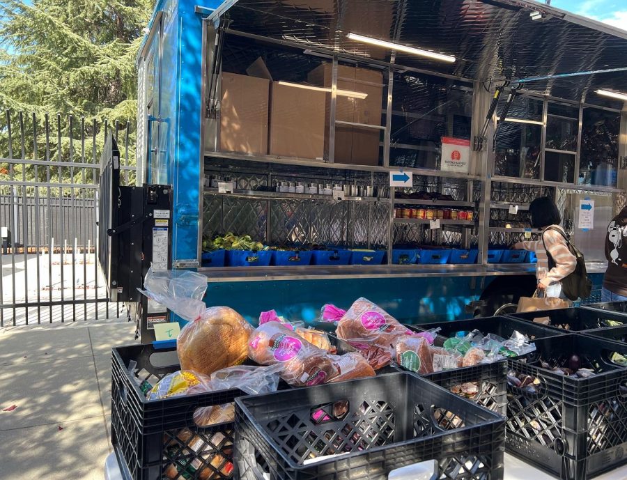 Fresh produce, meat, dairy products, dry goods, and canned items displayed in the mobile pantry on Tuesday, Oct. 25. These are given to students who provide their student ID. 