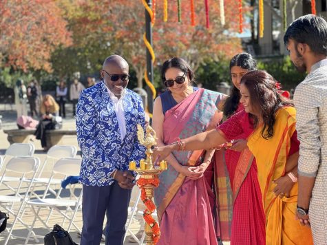 District Chancellor Judy Miner and De Anza President Lloyd Holmes took part in a traditional lighting of lamps ceremony alongside members of the community during the Asian Pacific American Staff Association Diwali celebration in the Sunken Garden, Oct. 27.