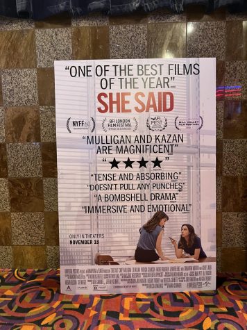 Poster for She Said at Century 20 Oakridge and XD theater, in San Jose, California, featuring both Carey Mulligan and Zoe Kazan.