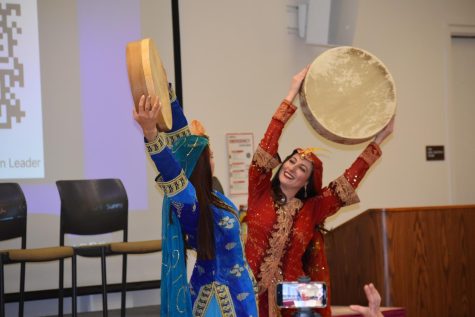 Two dancers from Ballet Afsaneh perform a traditional Iranian dance on Nov. 16 in Hampus Campus center, Conference Room B at De Anza College.