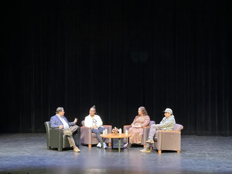 From left: Sal Pizarro, Mercury News columnist, talks to featured authors of Silicon Valley Reads 2023, including Kai Harris, Amanda Skenandore and 
Tommy Orange at De Anza’s Visual and Performing Arts Center on Jan. 26.