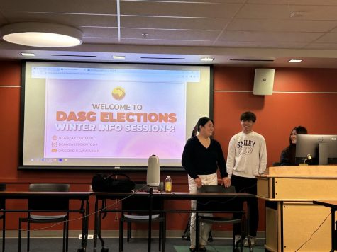 From left: Alysa Ngo, chair of students and feedback, Wei Quan Lai, vice chair of elections and Jenny Trinh, DASG vice president, present DASG elections information at their session on Feb. 1 at the student council chamber.