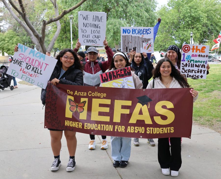 De+Anza+students+from+the+Higher+Education+for+AB540+Students+organization+attend+the+rally+in+Roosevelt+Park+on+May+1.+The+group+advocated+for+workers+rights+and+immigrant+rights+at+the+event.+