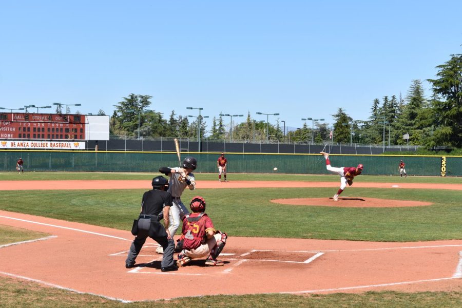Mountain Lions player Alex Alfonzo pitches in the final home game of the season on April 27.