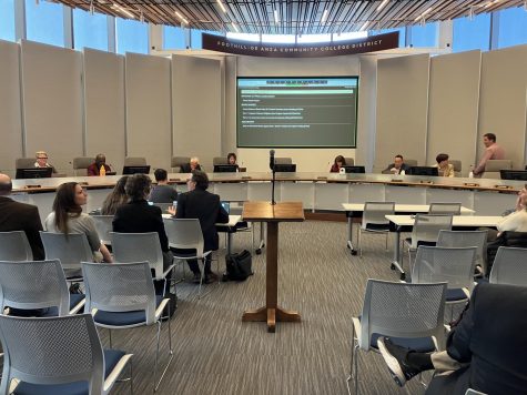 The Foothill-De Anza Board of Trustees prepares to start the Measure G Board Study session on May 8. In the audience were stakeholders interviewed for the feasibility study, Foothill-De Anza students and faculty, and members of the general public.