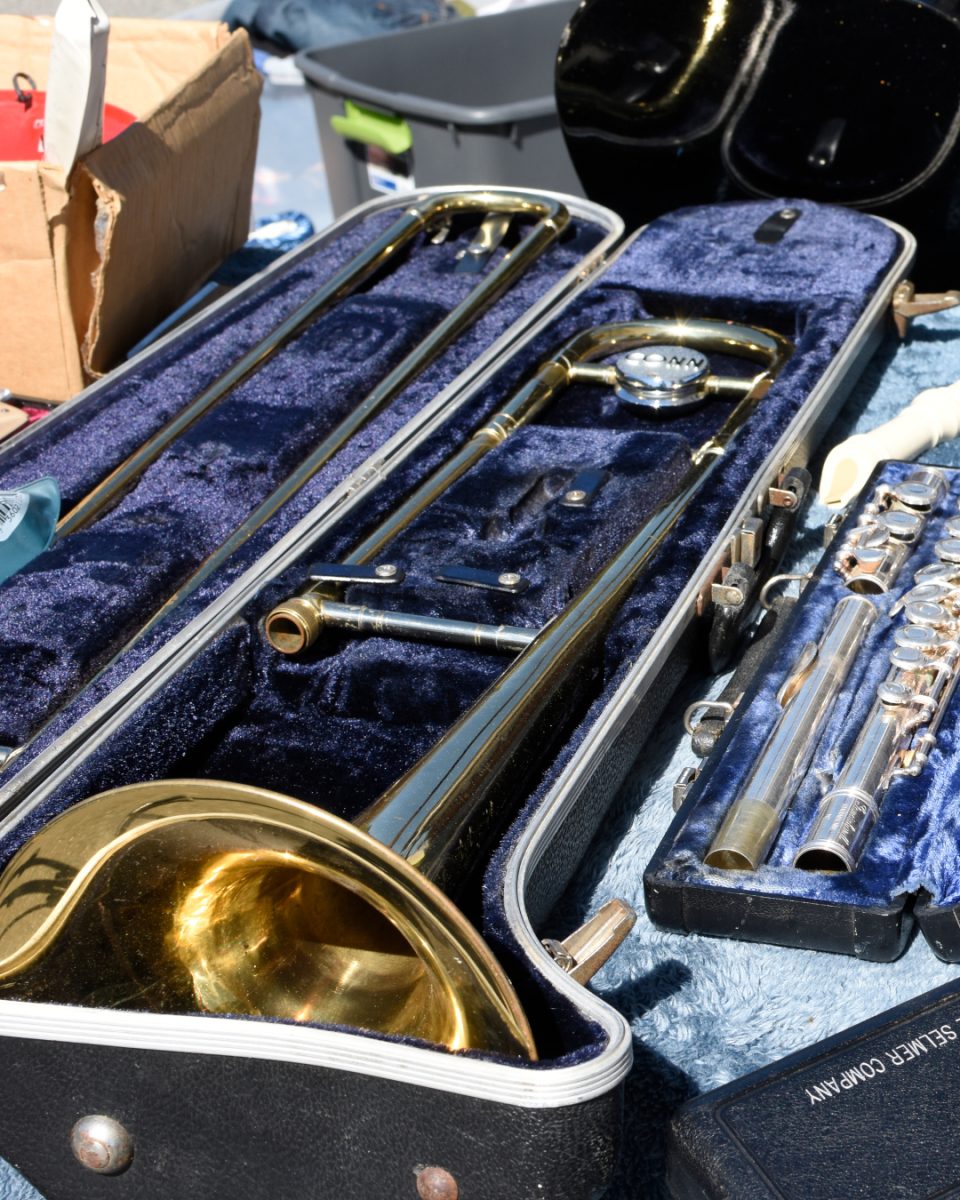 A trombone which Joe Howard displays at his flea market booth on Oct. 7.