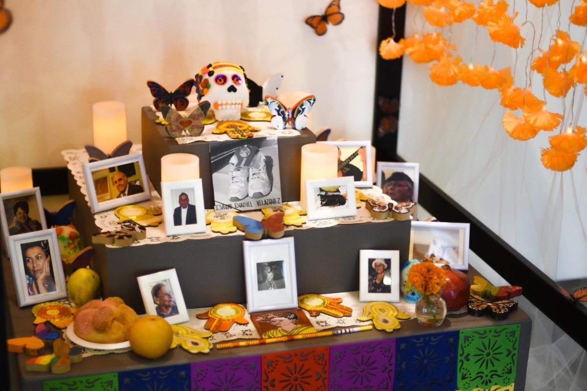 The Dia De Los Muertos Altar honors the lives of those who have passed. The artwork was created by the De Anza Latinx Association (DALA), Higher Education for AB540 Students (HEFAS) and the Pride Center.