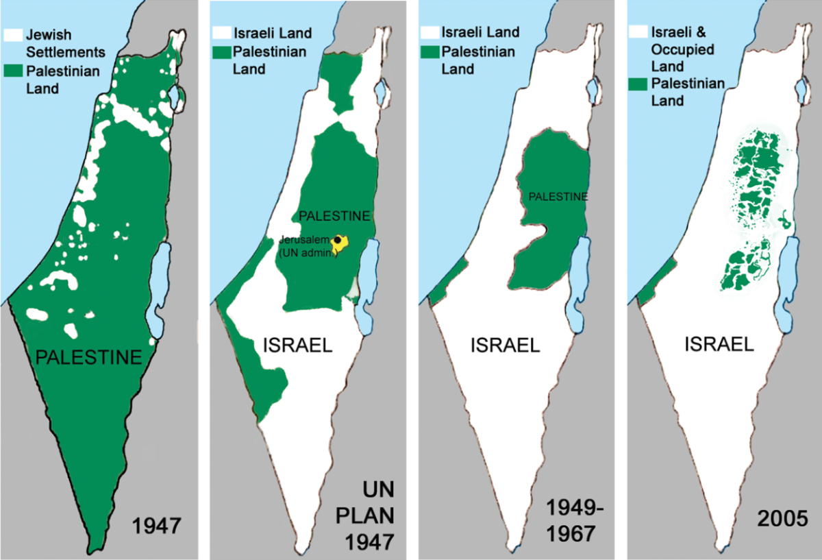 Fadi+Saba+uses+this+map+to+explain+the+timeline+of+land+controlled+by+Israel+and+Palestine+at+the+teach-in+on+Nov.+14.
