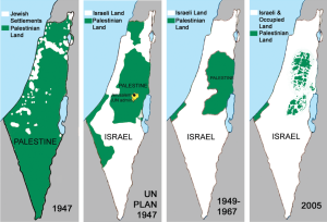 Fadi Saba uses this map to explain the timeline of land controlled by Israel and Palestine at the teach-in on Nov. 14.