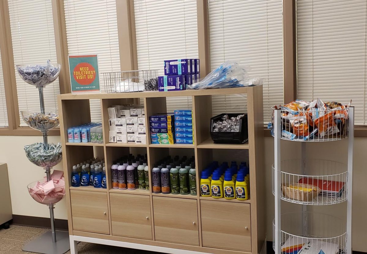 The shelf of toiletries and hygiene products provided by the Resource Hub at the Resource and Student Services Center on Dec. 6