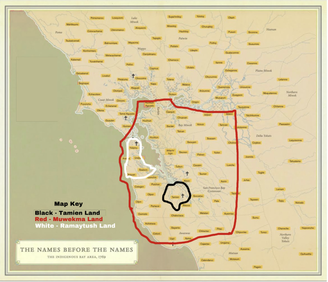 This map is courtesy of De Anza’s Land Acknowledgment and was edited by La Voz for clarification. This map outlines the Tamien, Muwekma and Ramaytush land claims. The Muwekma claim conflicts with the Tamien and Ramaytush claims. 
