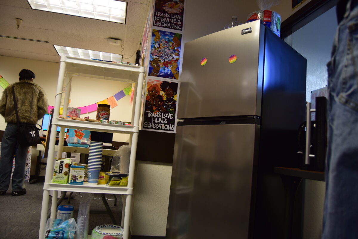 The Pride Centers new fridge sits in the corner on Jan. 8. To make space for the fridge, the Pride Center relocated their mini food pantry and microwave.