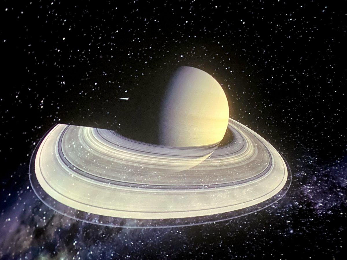 Saturn spins into view onto the Fujitsu Planetariums 360-degree screen.