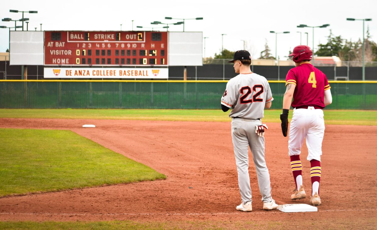 Joseph Lomeli awaits the next pitch after getting De Anza’s first hit vs Reedley on Jan. 26.