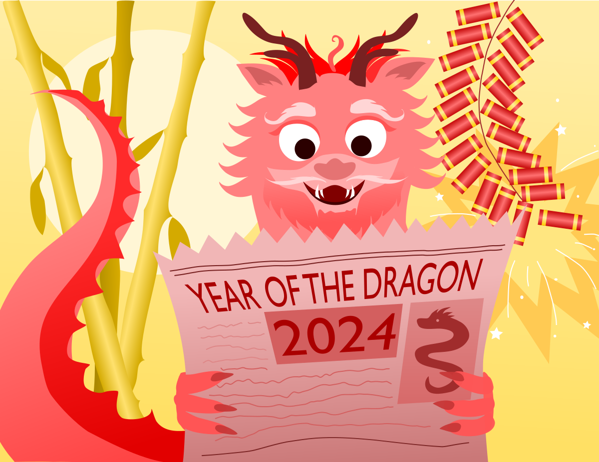 Illustration of a dragon in front of bamboo plants and firecrackers, which are popular symbols of Lunar New Year.
