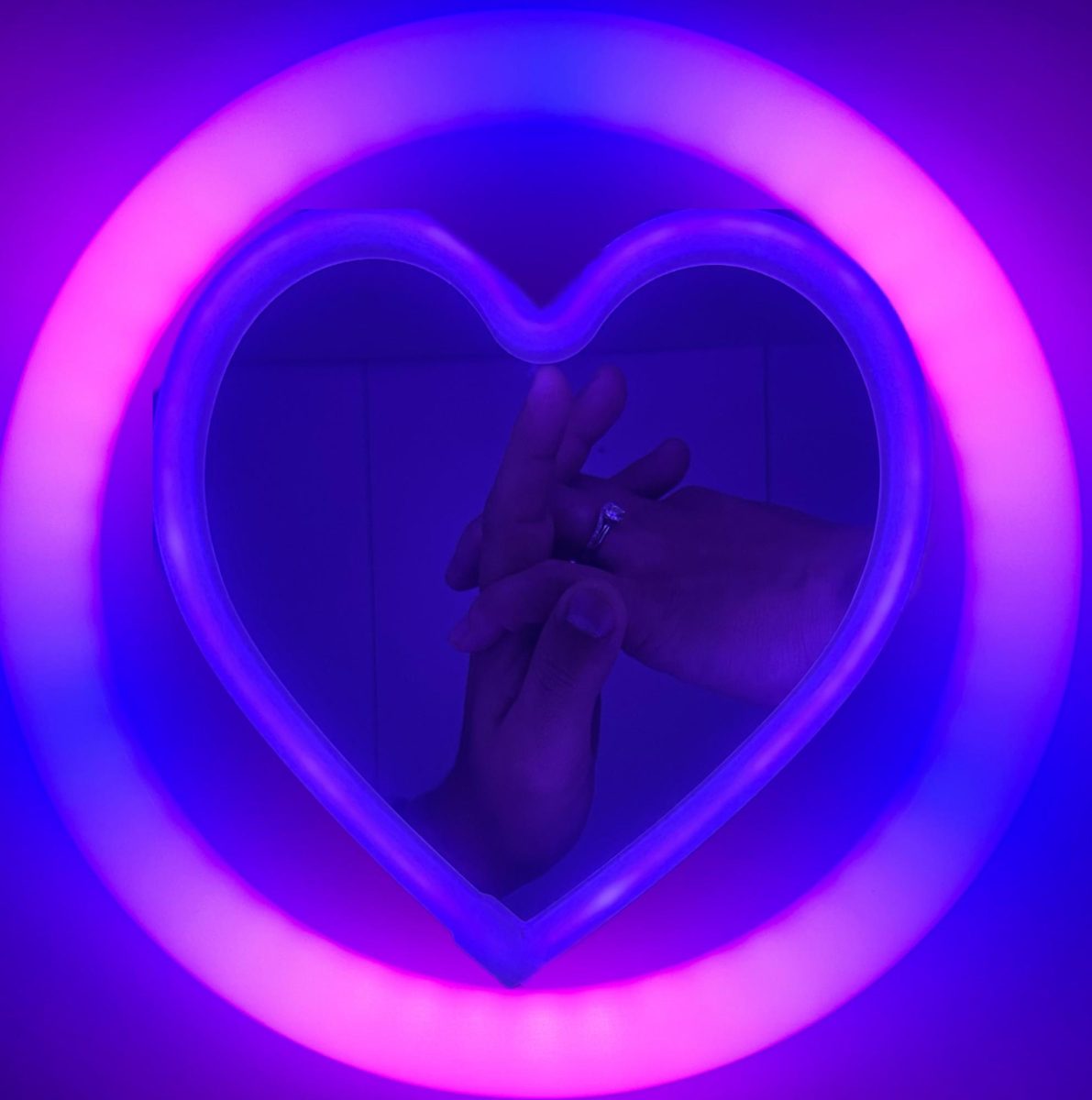 Photo with a heart and purple lighting of Sabrina’s parent’s hands, they met on a dating app. 