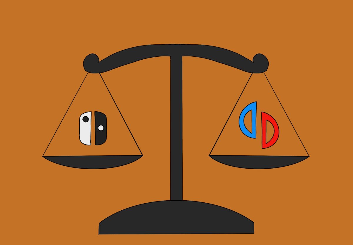 Nintendo Switch logo and Yuzu logo on a scale symbolizing a legal trial.