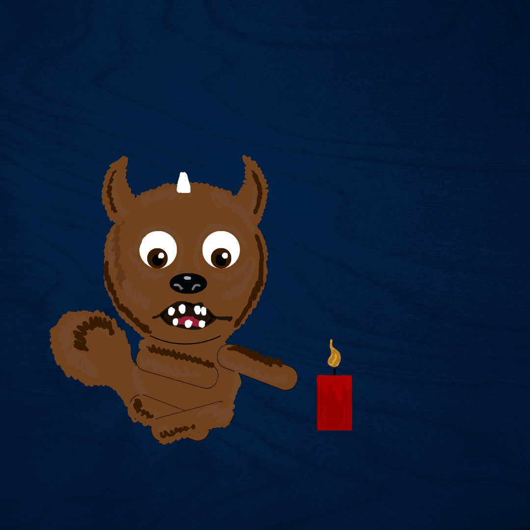 Illustration of the viral furry monster playing with a candle that was made using SORA. 
