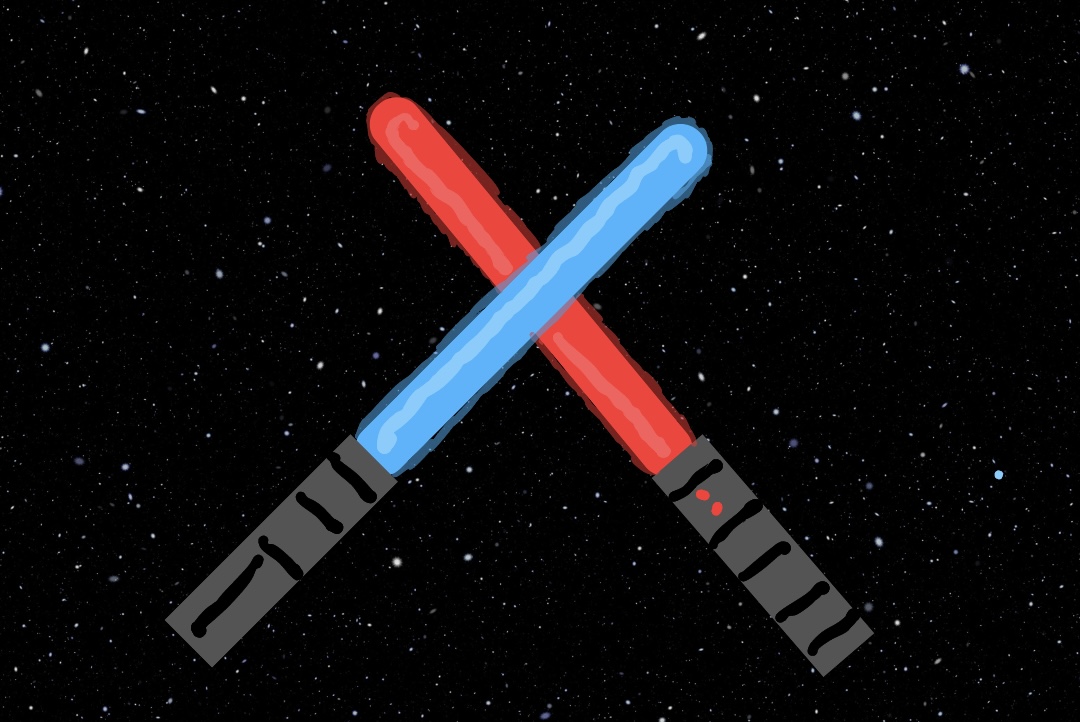 Illustration+of+a+Sith+%28red%29+and+Jedi+%28blue%29+lightsaber+clashing.