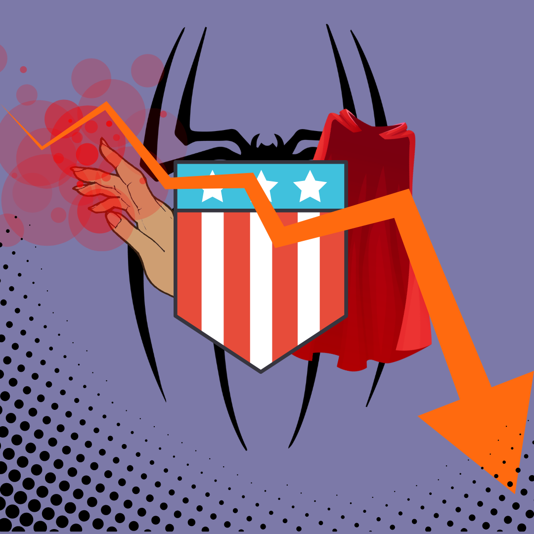 Illustration depicting popular Marvel superheroes such as Scarlet Witch,” “Doctor Strange,” “Spider-Man,” and “Captain America” with a large arrow to show the box office decline of the films. 