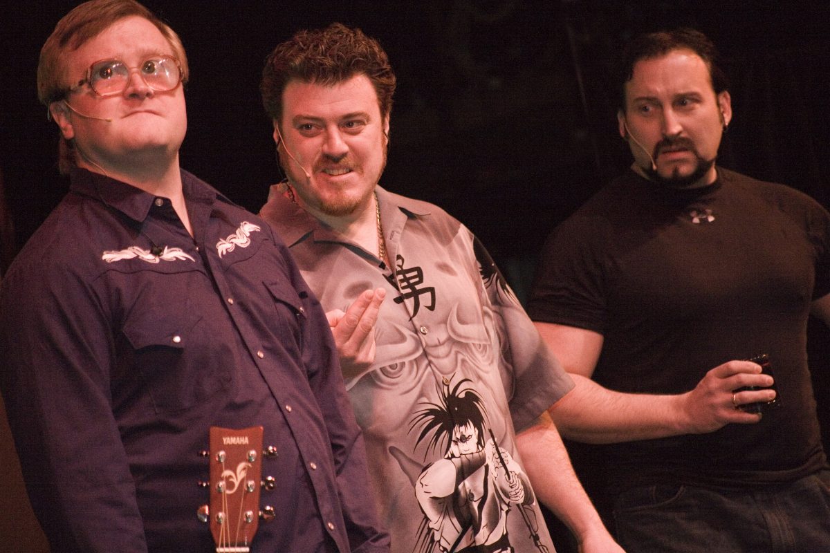 The Trailer Park Boys from the Canadian mockumentary television series, Mike Smith (Bubbles, L) Robb Wells (Ricky, C) and John Paul Tremblay (Julian, R).