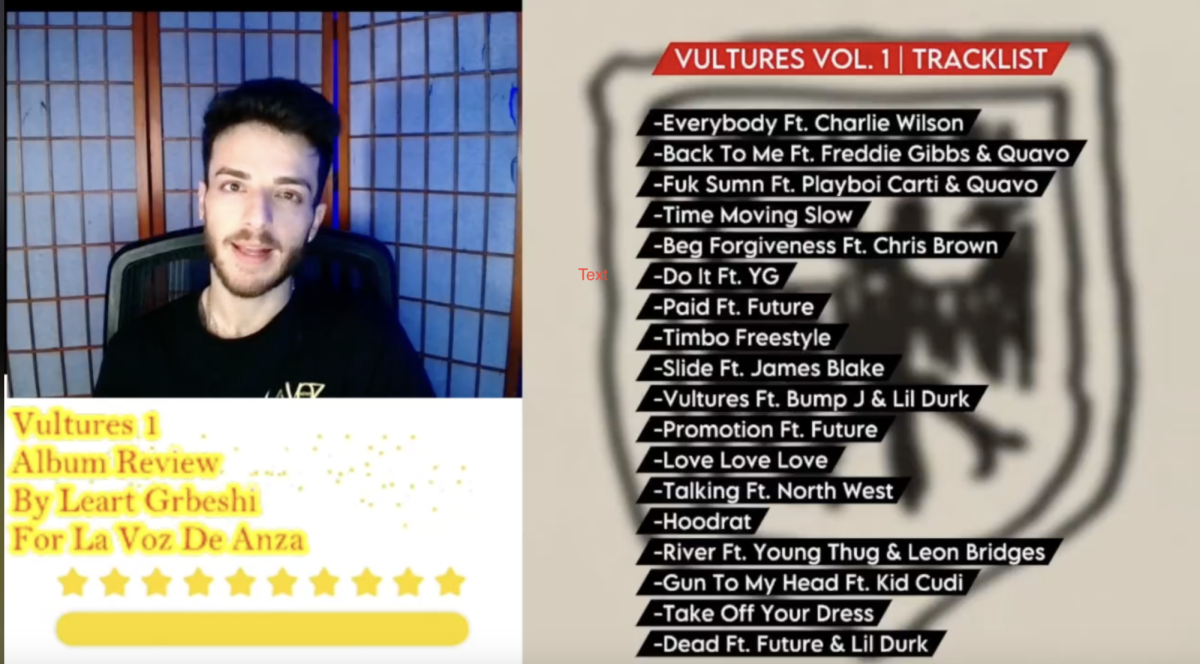 Screen shot of staff reporter Leart Grbeshi and his review set up for the new Kanye West album, Vultures 1.