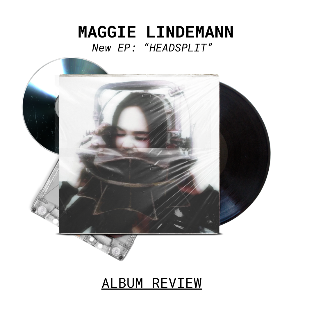 Graphic for the album review of Maggie Lindemanns HEADSPLIT. The graphic contains her album cover, that is inspired by the re-worked bear trap head piece from the torture-horror movie franchise, Saw.