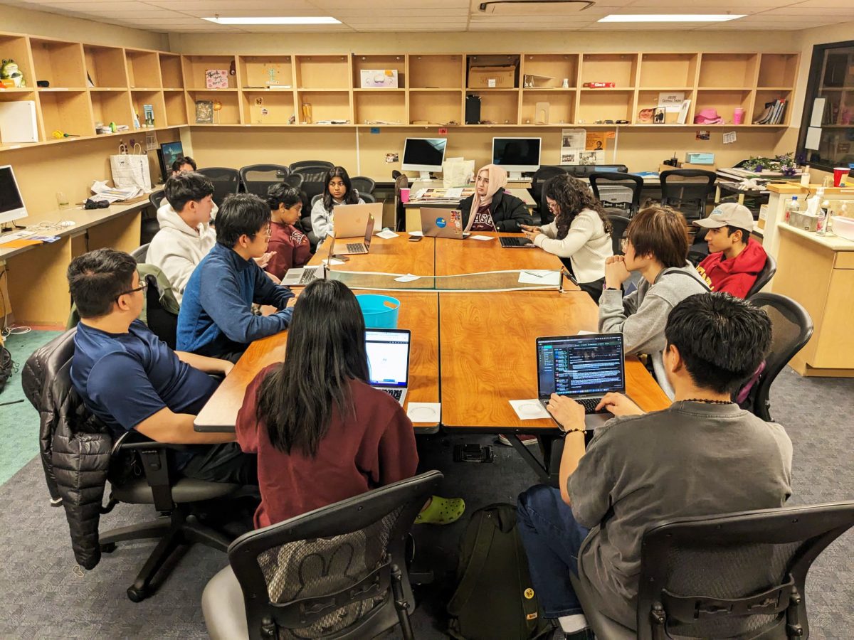 The DASG Student Rights and Equity Committee discusses international student finances in the DASG lounge meeting room on March 13.