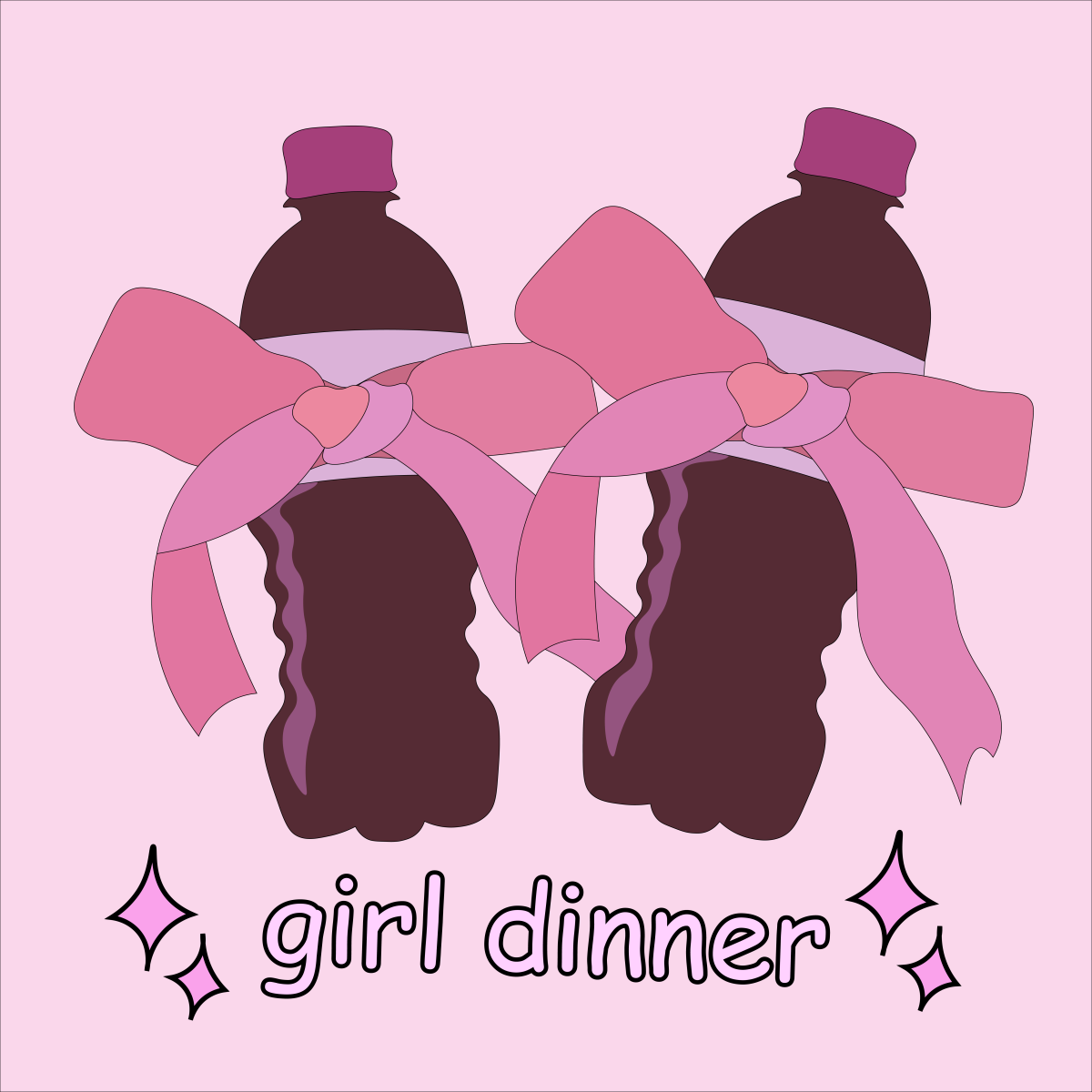 Two soda bottles wrapped with pink bows with a caption reading girl dinner.