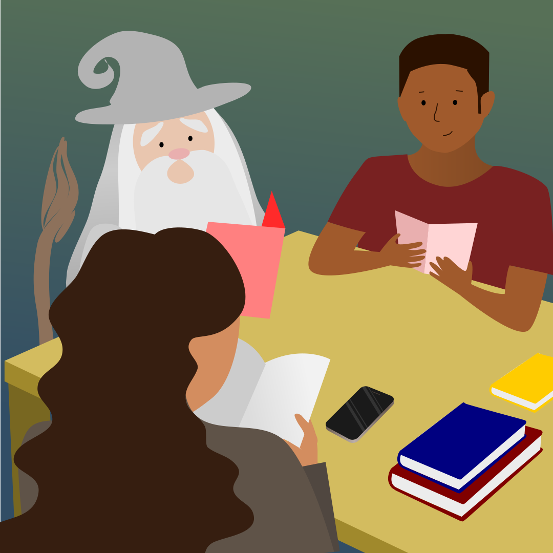 An illustration of people reading books together at a table.