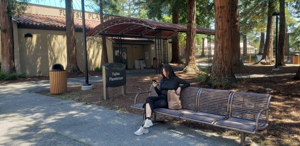 Yin Nwe, 21, biology major chats on her phone between classes in front of the Fujitsu Planetarium on May 9.