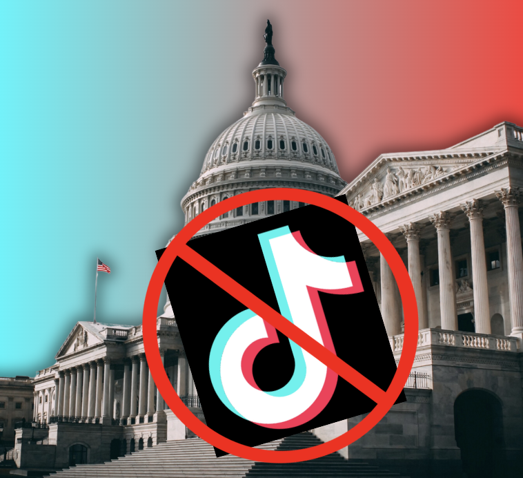 A digital collage depicting the U.S. Capitol and a crossed out TikTok logo. 