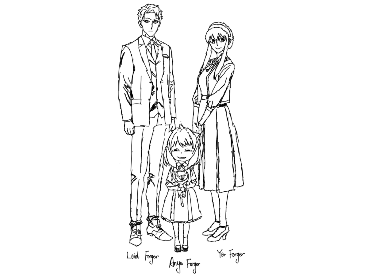 Illustration of, from left, Loid Forger, Anya Forger and Yor Forger from the show Spy x Family.