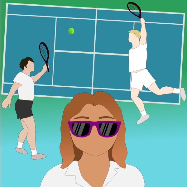 A drawing of the main characters of the film Challengers playing on a tennis court.