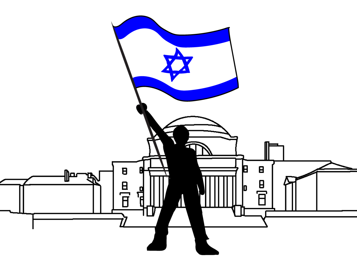 Illustration of a man holding an Israeli flag in front of Columbia University.