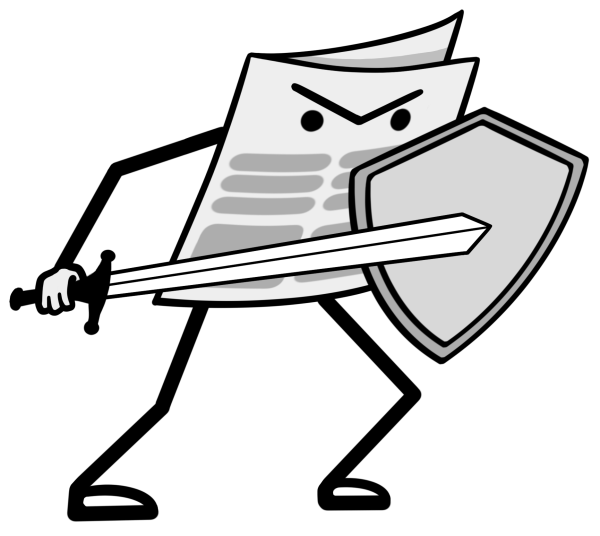 Illustration of a newspaper holding a sword and shield.